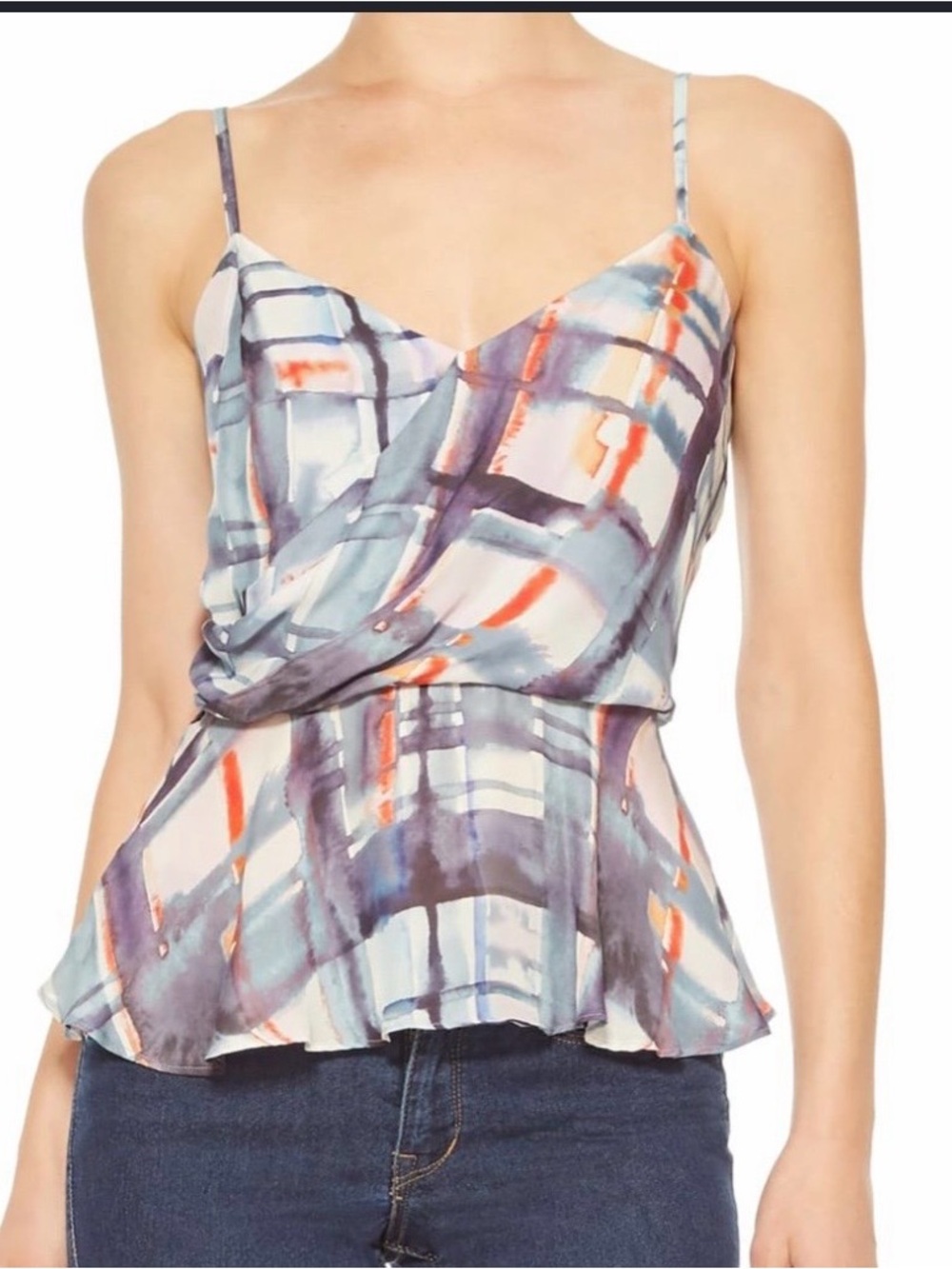 Parker Blue Multi Abstract Watercolor Spaghetti-Strap Peplum Top